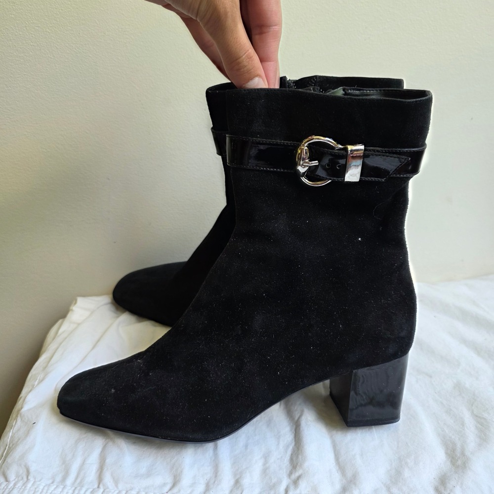 Bandolino Black Suede Ankle Boots Square Toe Buckle Block Heel Womens 7M Y2K 90s